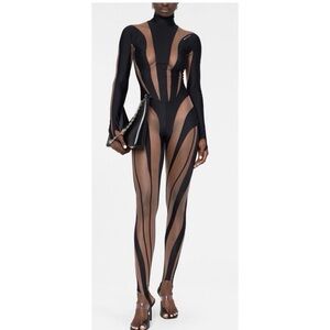 Mugler Paneled High Neck Mesh Navy Blue Iconic Jumpsuit Size 36